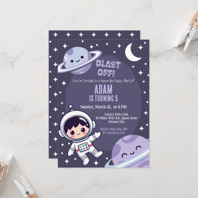 Space Birthday Party Invitation | Galaxy Astronaut (Front/Back In Situ)