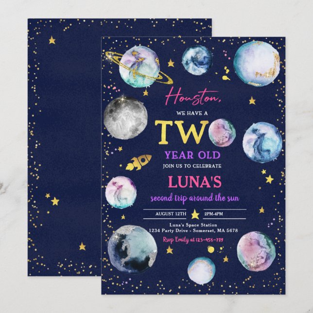 Space Birthday Party Second Trip Around The Sun Invitation (Front/Back)