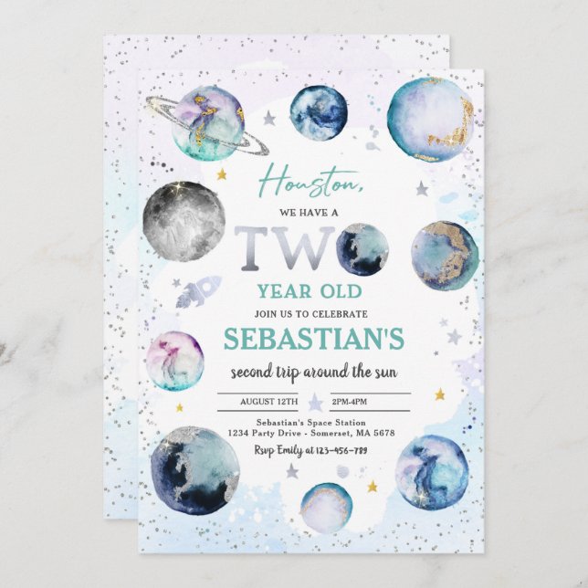 Space Birthday Party Second Trip Around The Sun Invitation (Front/Back)