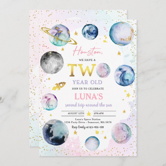 Space Birthday Party Second Trip Around The Sun Invitation (Front/Back)