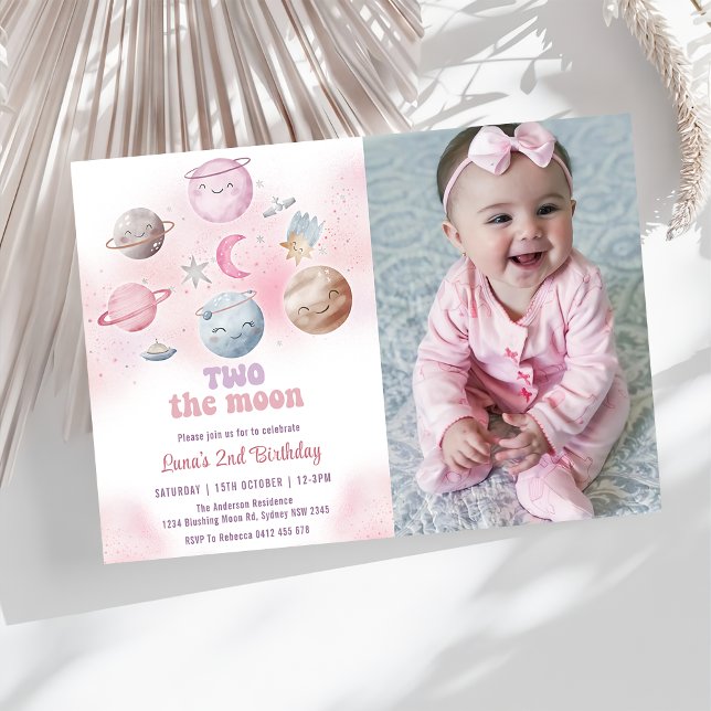 Space Birthday Party Two The Moon Birthday Photo Invitation (Creator Uploaded)