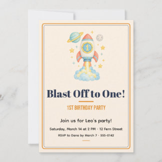 Space Blast Off to One 1st Bday Cream Invitation