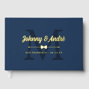 Space Blue Gold Bowtie Monogram Gay Wedding Guest Book