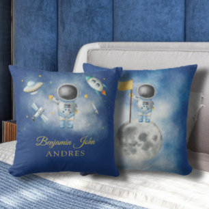 Space Boy Gold Galaxy Moon Stars rocket UFO Cushion