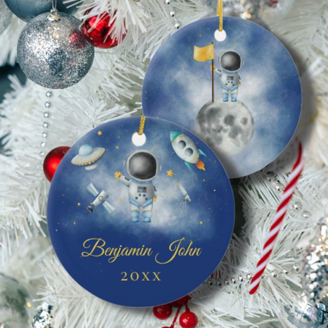 Space Boy Gold Galaxy Moon Stars rocket UFO Throw  Ceramic Ornament (Creator Uploaded)