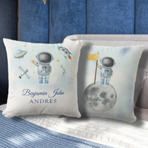 Space Boy Gold Galaxy Moon Stars rocket UFO Throw Cushion