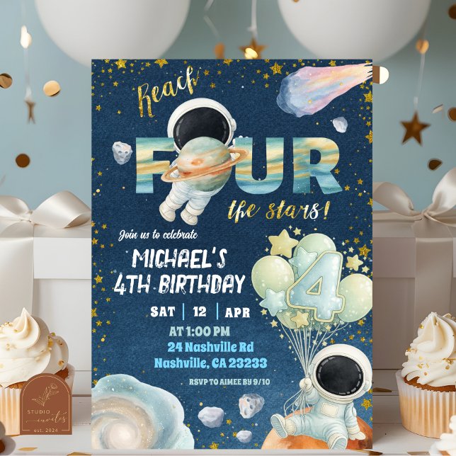 Space Boy reach FOUR the stars 4th Birthday Invita Invitation (Creator Uploaded)