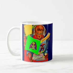 space cadet boy reading sci fi book coffee mug