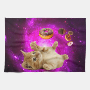 Space cat and the flying donuts tea towel