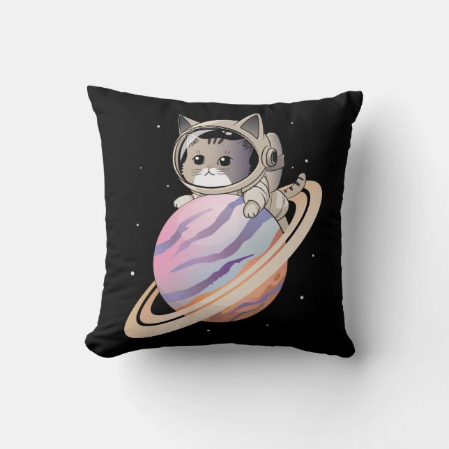Space Cat Astronaut with Planet Saturn Cushion (Front)