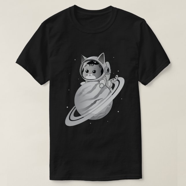 Space Cat Astronaut with Planet Saturn T-Shirt (Design Front)