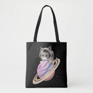 Space Cat Astronaut with Planet Saturn Tote Bag