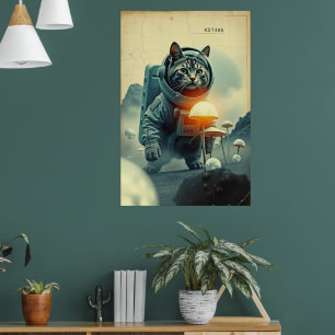 Space Cat Dreams on Mushroom Moon Poster