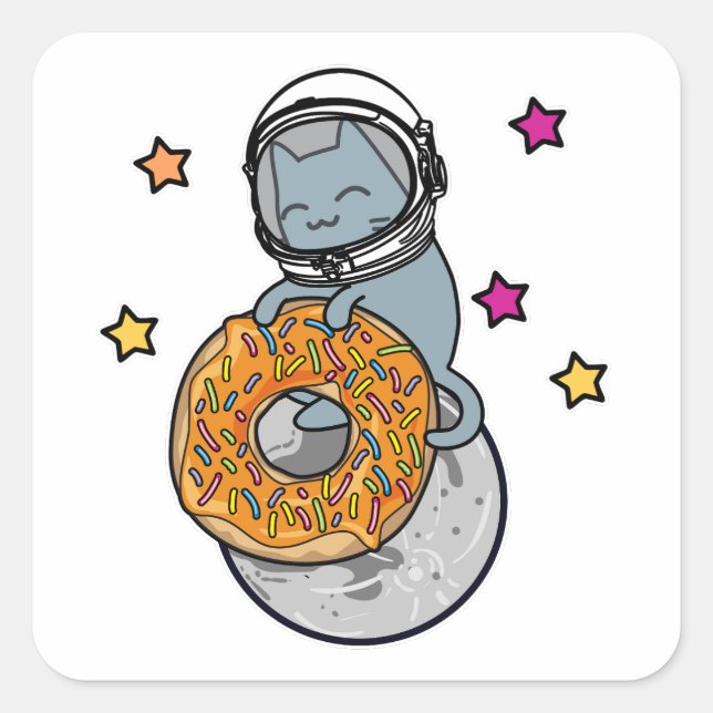 Space Cat Holding Doughnut Cute Cartoon Style Grap Square Sticker (Front)