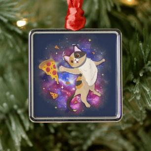 Space Cat Kitten Astronaut Funny Pizza Mars Alien Metal Ornament