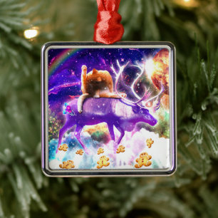 Space cat licking itself metal ornament