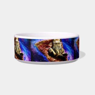 Space cat lying on a pizza bowl