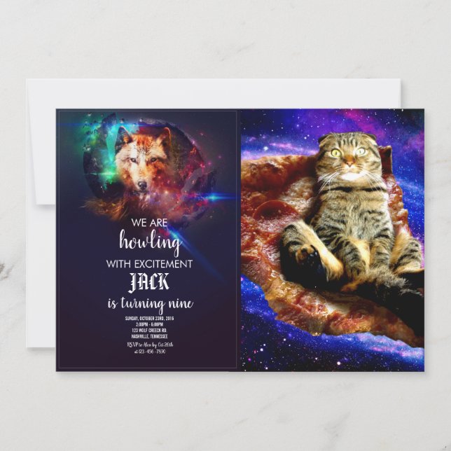 Space cat lying on a pizza invitation (Front)