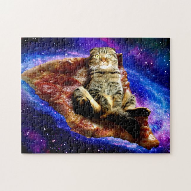 Space cat lying on a pizza jigsaw puzzle (Horizontal)