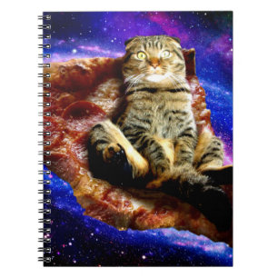 Space cat lying on a pizza notebook