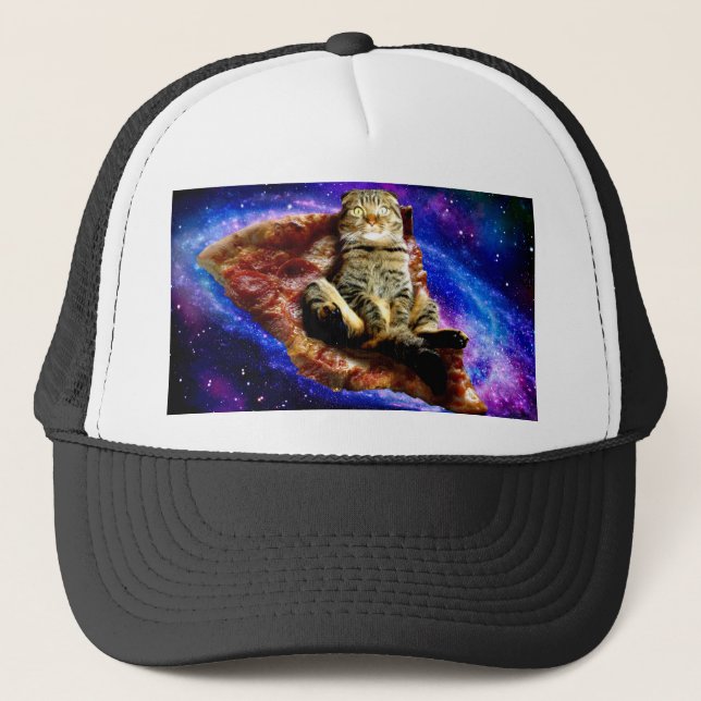 Space cat lying on a pizza trucker hat (Front)