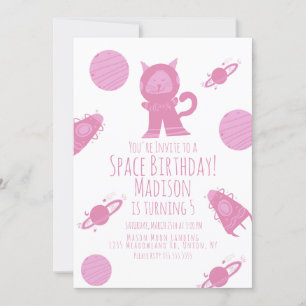 Space Cat Pink Galaxy Birthday  Invitation
