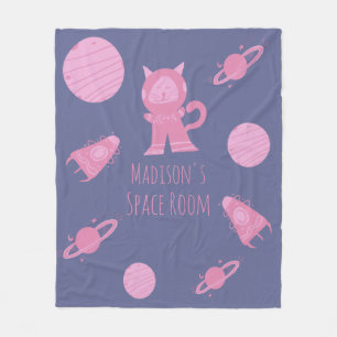 Space Cat Pink Girls Bedroom Purple  Fleece Blanket