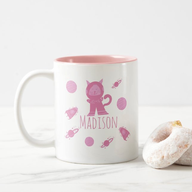 Space Cat Pink Kitten Name Two-Tone Coffee Mug (With Donut)