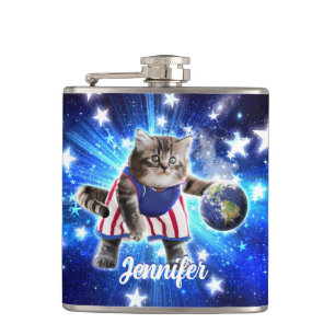 Space cat playing basketball hip flask