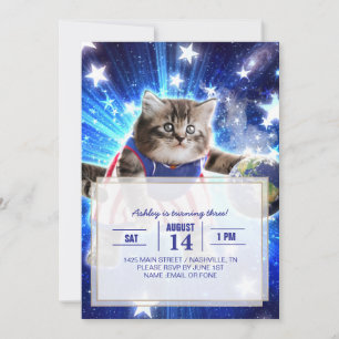 Space cat playing basketball invitation