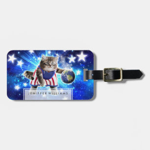 Space cat playing basketball luggage tag