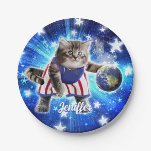 Space cat playing basketball                       paper plate