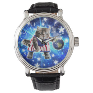 Space cat playing basketball watch