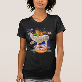 Space cat riding llama and doughnuts galaxy funny  T-Shirt