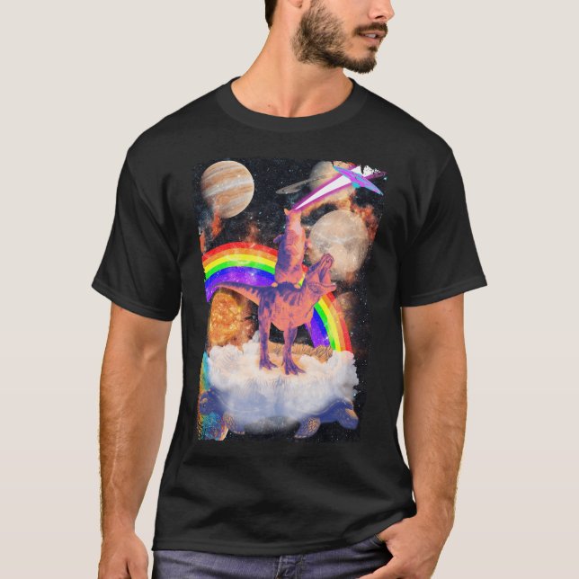 Space Cat riding Trex Turtle Planets Cosmic T-Shirt (Front)
