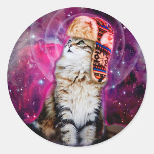 Space cat wearing russian hat classic round sticker