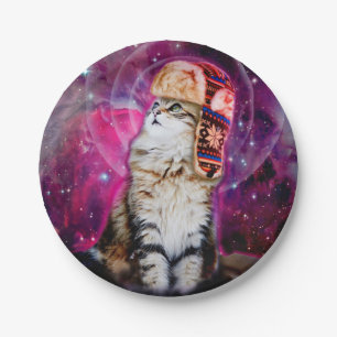 Space cat wearing russian hat paper plate