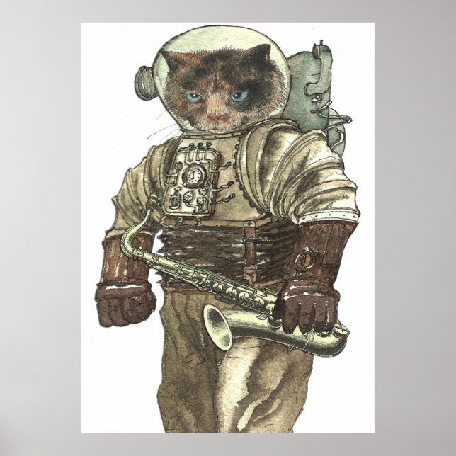 Space Cat with Saxophone Poster (Front)