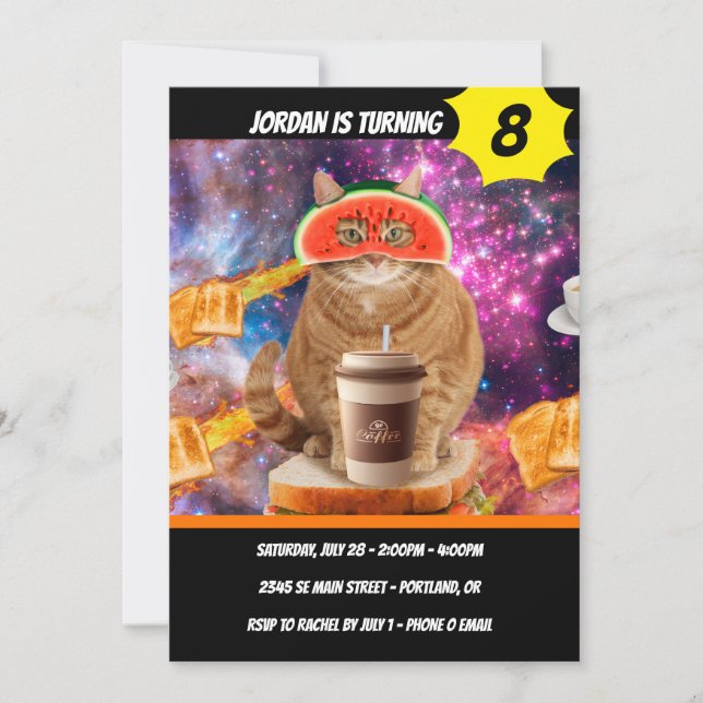 Space cat with watermelon glasses invitation (Front)