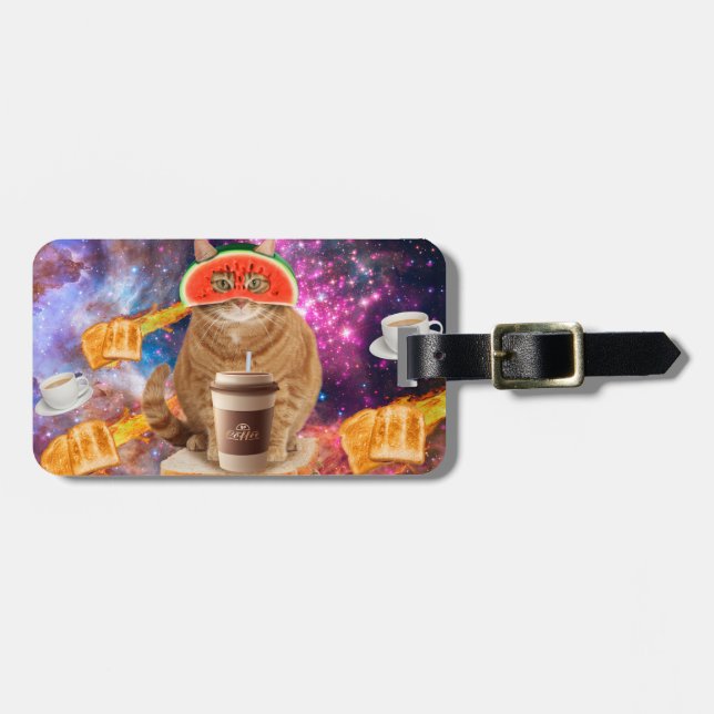 Space cat with watermelon glasses luggage tag (Front Horizontal)