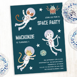 Space Cats First Birthday Party Invitation Postcard