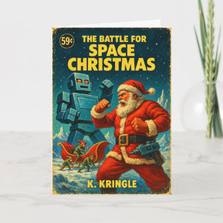 Space Christmas Santa vs. Robot Vintage Sci-Fi Holiday Card