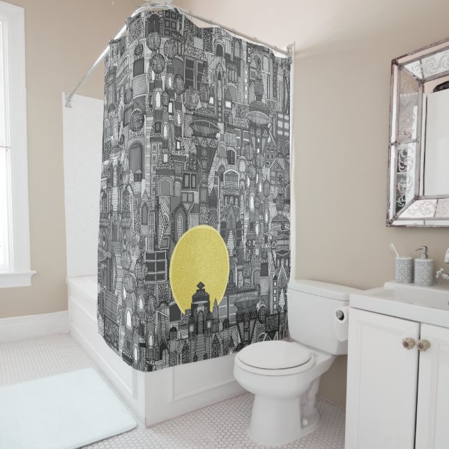 space city sun bw shower curtain (In Situ)
