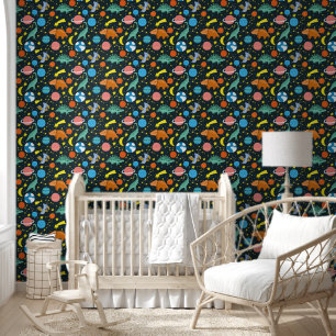 Space Colourful Dinosaurs Baby Boy Nursery Pattern Wallpaper