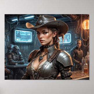 Space cow boy girl with cyber armour poster