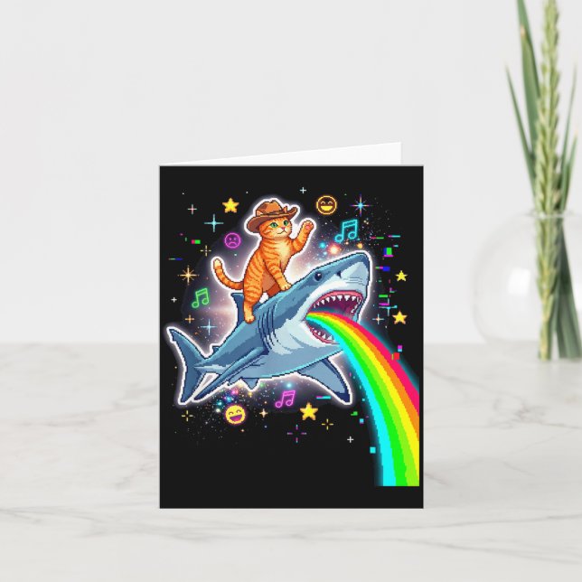 Space Cowboy Cat Riding Shark Rainbow Xel Art  Card (Front)
