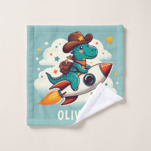 Space Cowboy Dino Trex Riding Rocket Personalised Wash Cloth