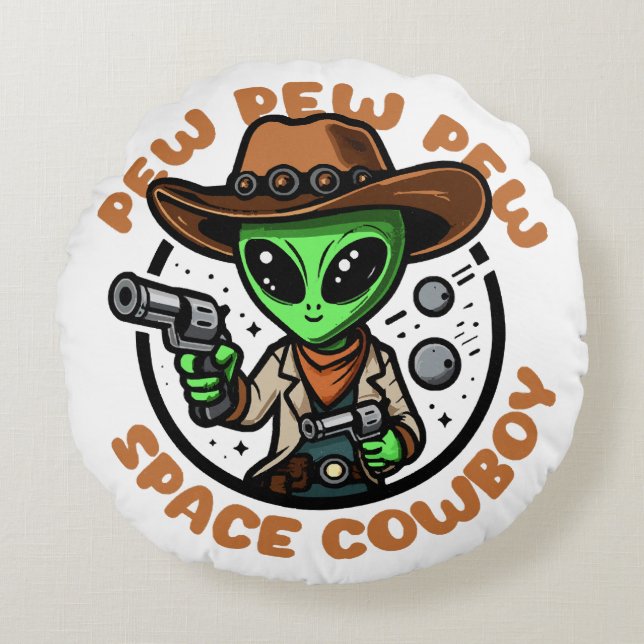 Space Cowboy Funny Alien Round Cushion (Front)