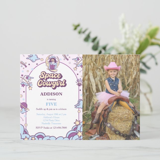 Space Cowgirl Birthday Invitation With Photo (Standing Front)