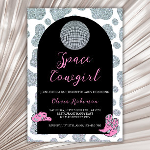Space Cowgirl Glitter Cow Print Bachelorette Party Invitation
